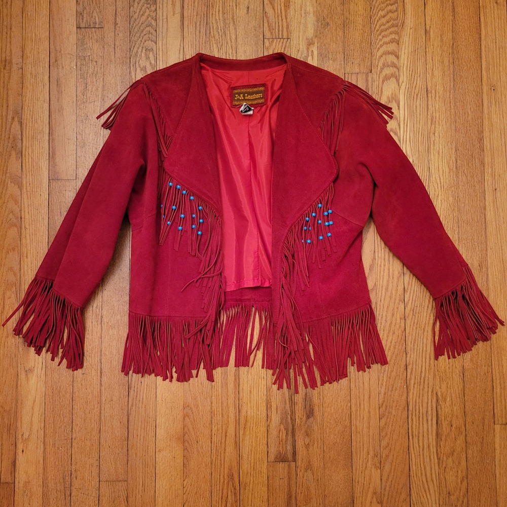 J&A Leathers Red Suede Fringe Beaded Show Jacket‎ Western Boho Gypsy Equestrian